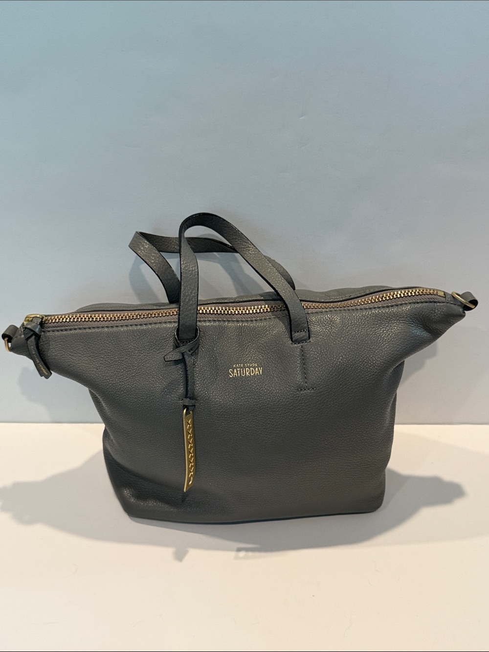 Kate Spade Saturday Gray Pebbled Leather Tote Bag Satchel Purse Gold hardware